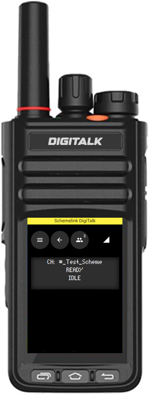 DigiTalk PoC radio handset showing the Schemelink push-to-talk screen